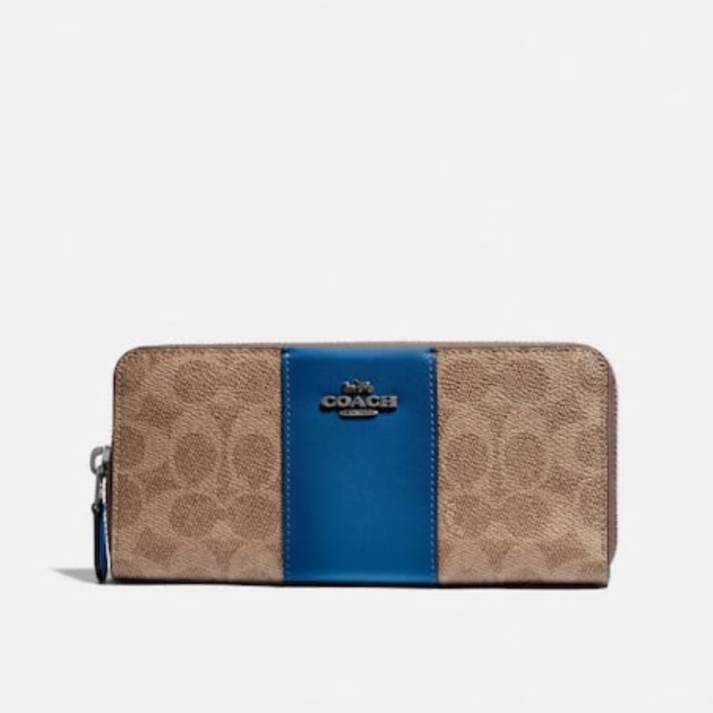 Coach Colorblock Signature Canvas Slim Accordion Zip Wallet in Tan Dark Denim
